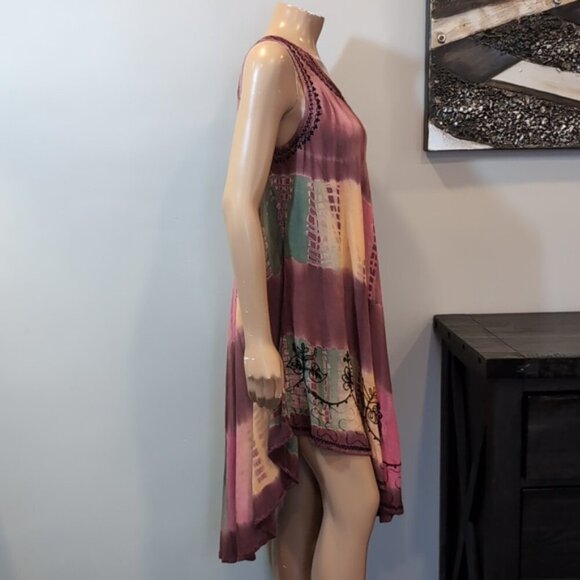 India Boutique Tie Dye Rayon Dress Umbrella Cover Up Embroidered Sleeveless O/S - Picture 14 of 16